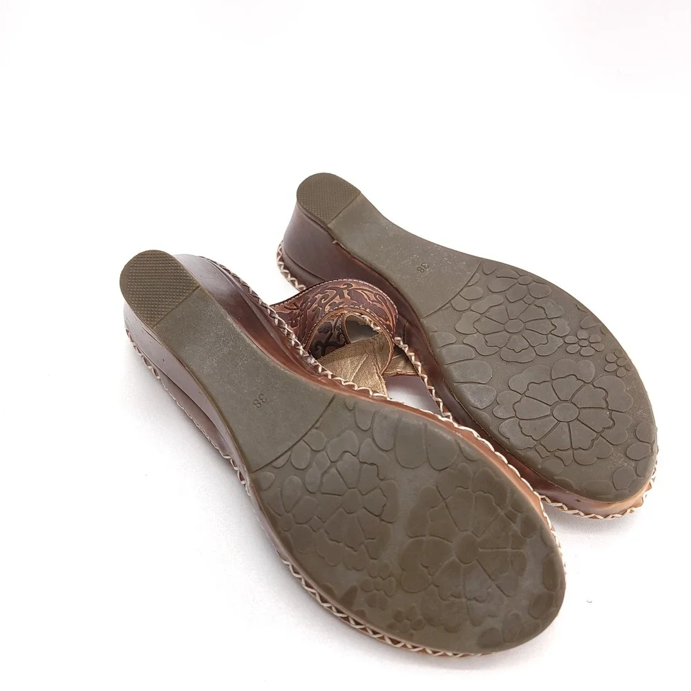 Spring Step L'Artiste Belanus Brown Leather Floral Wedge Sandals‎ Womens 38